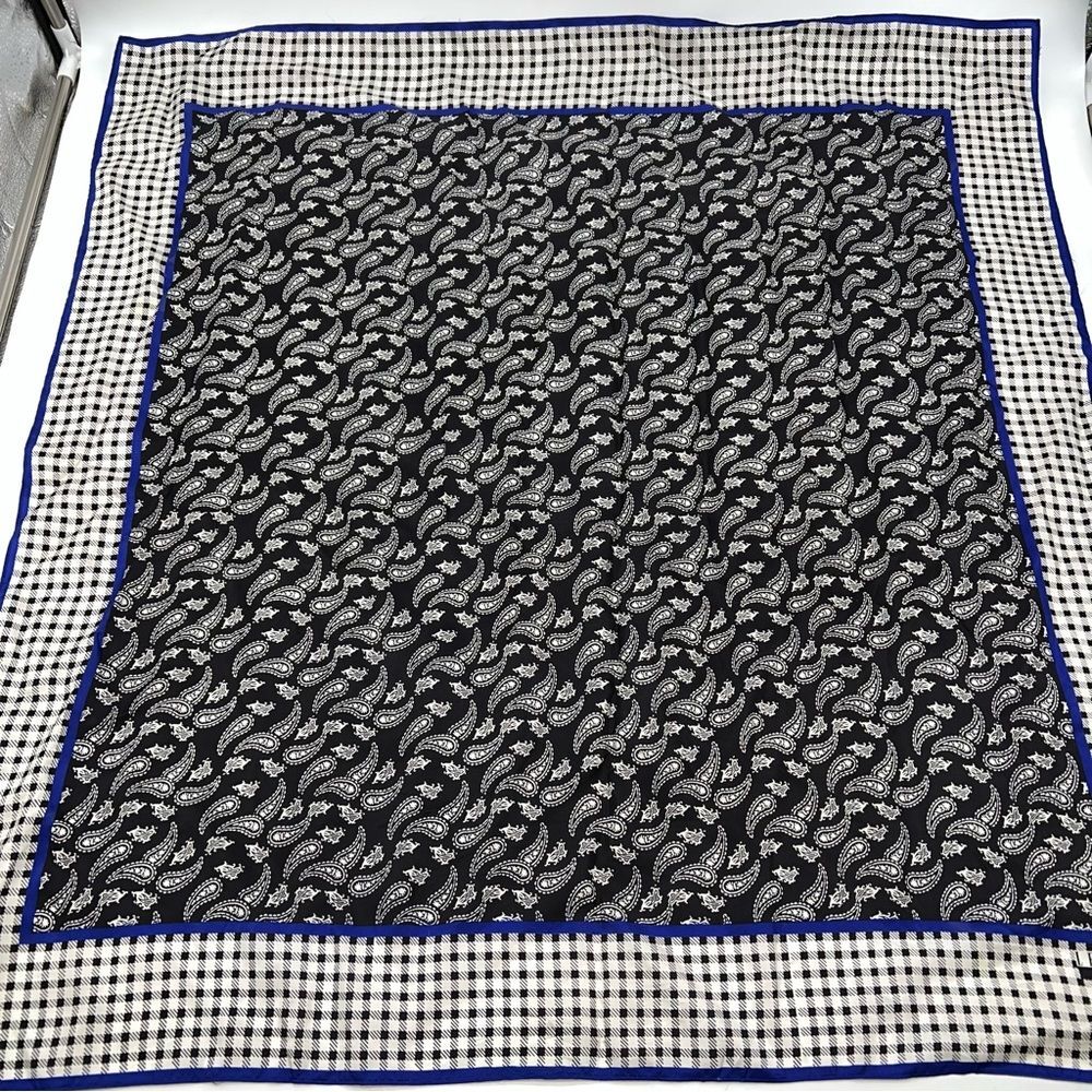Leslie Fay 100% Silk Scarf Black, White w/Blue & CheckerBoarders Paisley Center
